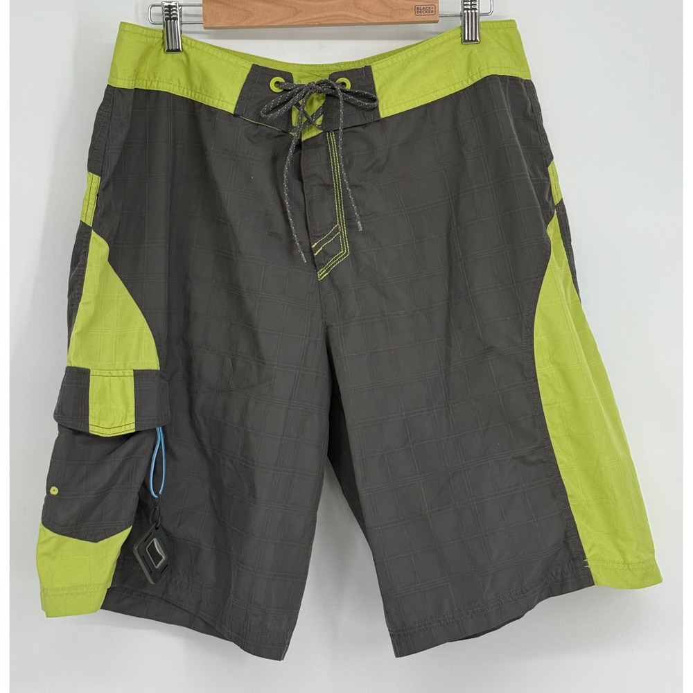 Columbia‎ Mens Board Shorts Grey Lime Green Grid Swim Trunks Sz 36